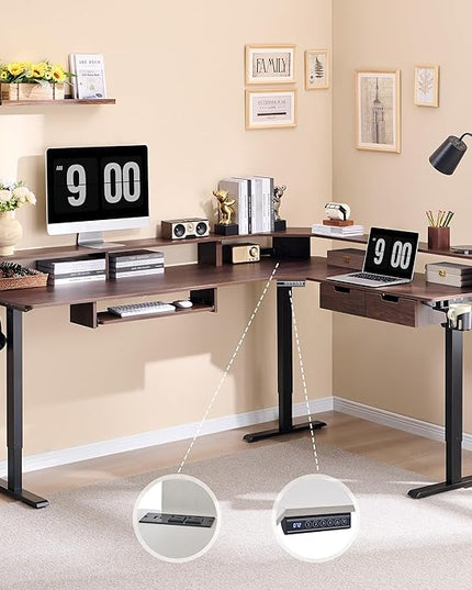 RedLemon 75X60 Inches L Shaped Electric Standing Desk, Height Adjustable Corner Gaming Desk with Drawers, Keyboard Tray, Power Outlets & LED Lights, Computer Desk with Monitor Shelf, Dark Walnut