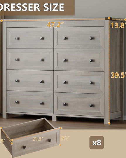 BORNOON Tall 8-Drawer Dresser, Modern Wooden Storage Chest of Drawers, Dresser TV Stand, Wood Drawer Organizer with Metal Handles for Bedroom, Living Room, Hallway