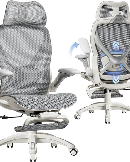 ELABEST X100 Ergonomic Office Chair with Footrest, Big and Tall Home Desk Chair with 5D Flip-Up Arms, Adjustable 3D Lumbar Support,High Back Rolling Computer Chair, Swivel Mesh Chairs (Frosted Dawn)