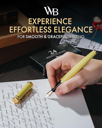 Wordsworth & Black Fountain Pen Set, 18K Gilded Medium Nib, Includes 24 Pack Ink Cartridges, Ink Refill Converter & Gift Box, Gold Finish, Calligraphy, [Yellow], Perfect for Men & Women