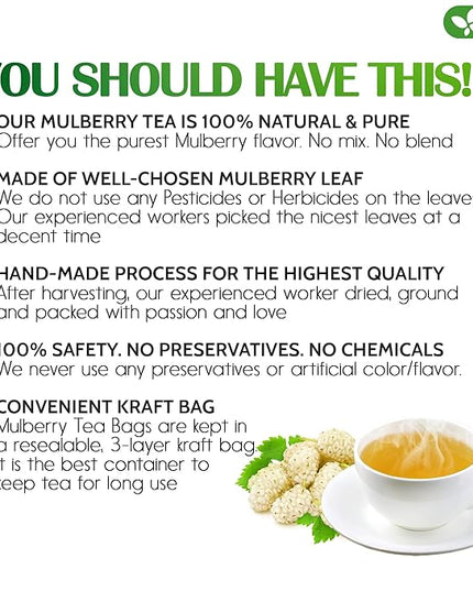 FreshDrinkUS, Premium 120 Mulberry Leaf Tea Bags, 100% Natural & Pure from Mulberry Leaves. Loose Leaf Herbal Tea. Made with Natural Material Tea Bags. No Sugar, No Caffeine, No Gluten, Vegan.