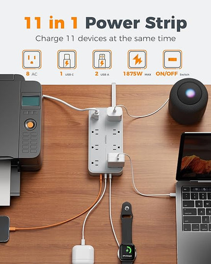 TESSAN Flat Plug Extension Cord 6 FT, Surge Protector Power Strip with 8 AC Outlets 3 USB (1 USB C), 1080 Joules, 1875W 15A, Multiple Wall Outlet Extender Station for Home Office School Dorm
