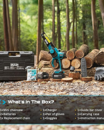 SEESII 8-Inch Cordless Mini Chainsaw, 2025 Upgraded Brushless Motor, Electric Chainsaw with 2×4000mAh Batteries, Tool-Free Chain Tension & Oiler, Handheld Saw for Fast Tree Branch Cutting（M8 Boost）