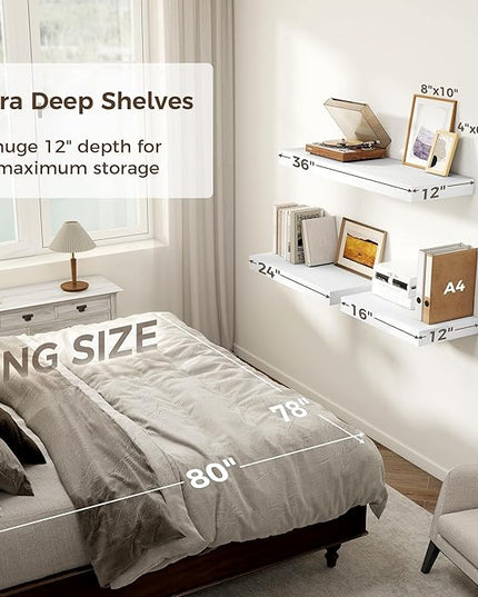 12 Inch Deep White Floating Shelves, 24 x 12 Floating Shelf for Books, Rustic Wood Deep Wall Shelves for Home Storage & Display, 2" Thicked Shelves for Kitchen, Living Room, Bedroom, 2 Pack