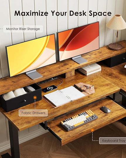 OffiGo 59 Inch L Shaped Electric Standing Desk with Drawers, Height Adjustable Corner Computer Desk with Keyboard Tray & Monitor Stand, Stand Up Table for Home Office Workstation, Rustic Brown