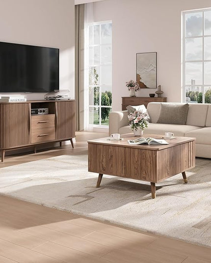 JOINICE 32" Square Lift Top Coffee Table with Storage,Mid Century Modern Walnut Center Table with Rising Desktop for Living Room, Brown Wood Finish