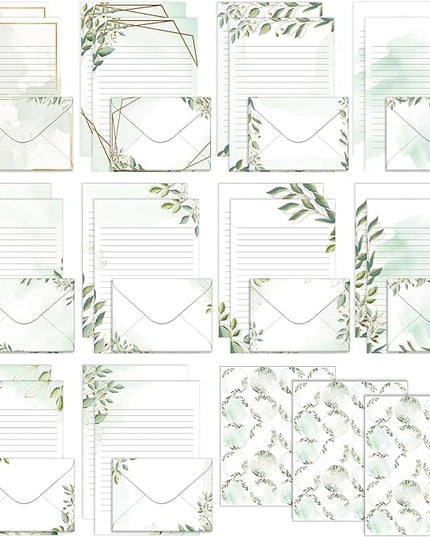 TaoBary 160 Pcs Stationery Paper Set 50 Double Sided Stationery Papers with 50 Matching Envelopes and 60 Round Dot Sticker, 10 Design(Eucalyptus,5.5 x 8.25 Inch)