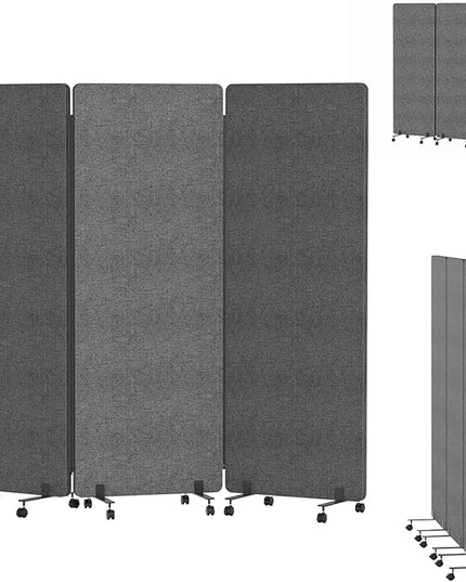 Soundproof Room Divider Panel with Wheels, 66in Portable Office Partition Screen, 3 Panel Temporary Wall Divider for Sound Proof Separation, Cubicle Privacy Panels for Desk (Dark Gray)