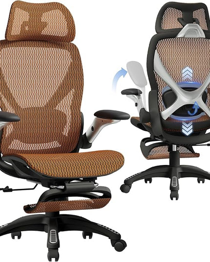 ELABEST X100 Ergonomic Office Chair with Footrest, Big and Tall Home Desk Chair with 5D Flip-Up Arms, Adjustable 3D Lumbar Support,High Back Rolling Computer Chair, Swivel Mesh Chairs