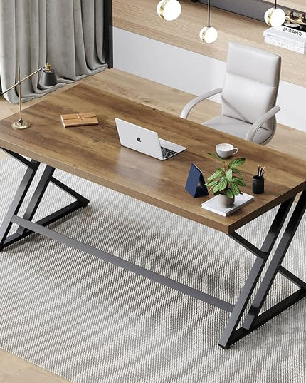 LVB Long Computer Desk, Big Industrial Home Office Desk, Large Metal Wood Writing Study Computer Table for Bedroom, Modern Executive Simple Gaming Work Desk for Student, Rustic Oak, 60 in