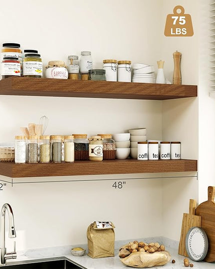 Heimlove Walnut Bathroom Shelf Floating Shelves for Over Toilet Long Wall Mounted Modern Farmhouse,48 x 12 with Invisible Brackets for Living Room, Kitchen, Bedroom
