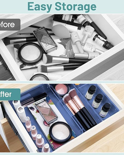 WOWBOX 25 PCS Plastic Drawer Organizer Set, 4 Sizes Desk Drawer Divider Organizers and Storage Bins for Makeup, Jewelry, Gadgets for Kitchen, Bedroom, Bathroom, Office, Clear Dark Blue