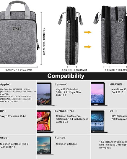 ZINZ Slim & Expandable Case 12.9 13 inch Travel Laptop Shoulder Bag for MacBook Air 13" M4/M3/M2/M1, MacBook Pro 13" M2/M1, iPad Pro 12.9"/13"/11", iPad Air 13",L01G06
