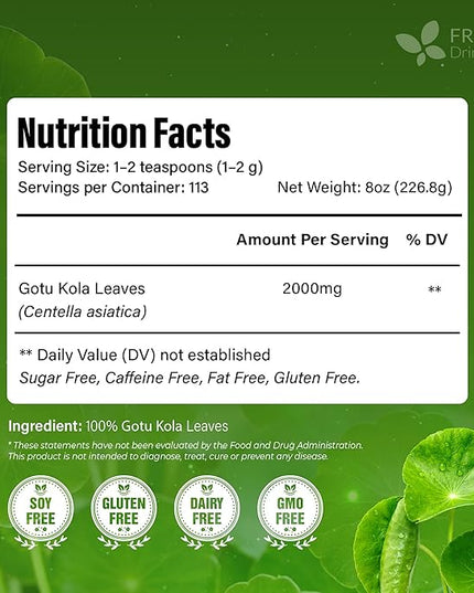 FreshDrinkUS, Premium Gotu Kola Leaves (Centella asiatica) | 8 oz Dried Loose Leaf | Naturally Mild & Earthy Herbal Tea – Premium Quality Leaves. Sugar-Free. Caffeine-Free. Vegan