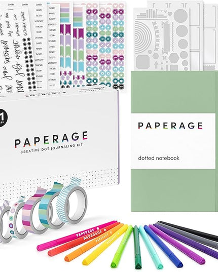PAPERAGE Bullet Journal Kit, Dotted Journaling Set & Stationary Kit, Hardcover Dotted Journal Notebook (Sage Green), 12 fineliner Pens, 8 Sticker & 3 Stencil Sheets, 6 Washi Tapes