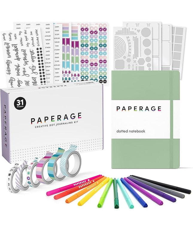 PAPERAGE Bullet Journal Kit, Dotted Journaling Set & Stationary Kit, Hardcover Dotted Journal Notebook (Sage Green), 12 fineliner Pens, 8 Sticker & 3 Stencil Sheets, 6 Washi Tapes