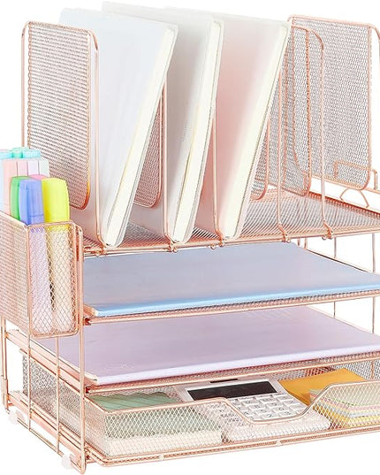 LEKETREE Desk Organizers and Accessories, 3-Tier Paper Organizer with 5 Vertical File Holders, File Organizer for Desk (Rose Gold With Drawer, 3T With Drawer)