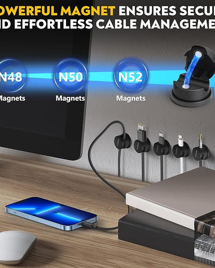 8 Pack Magnetic Cable Management Clips - Ideal Cord Holder for Nightstand, Desk, Charger Holder - Phone Cord Holder w/360 Rotation