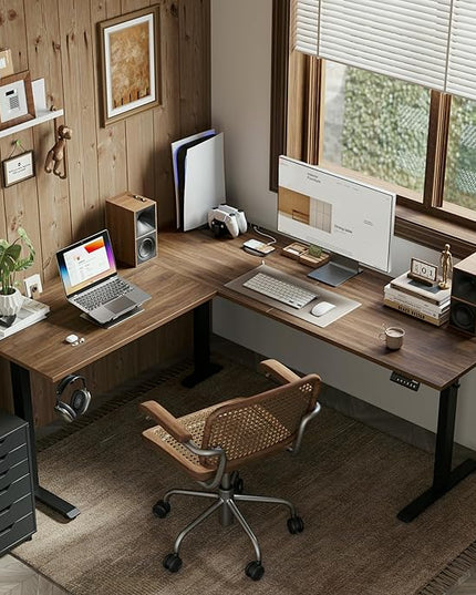 Agilestic L Shaped Standing Desk Adjustable Height, Electric Corner Standing Desk, 63 x 55 inch Sit Stand Computer Table with Splice Board, Dark Walnut