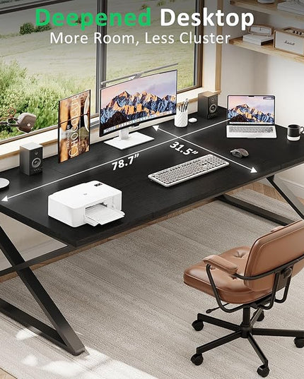 IBF Black Desk, Large Home Office Work Desk, 78.7” Long Computer Desks, Simple Wide Study Writing Desk, Wood Metal Double PC Executive Workstation Gaming Desk Computer Table for Bedroom, Black Oak