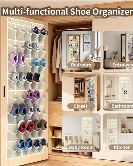Over the Door Shoe Organizer with 40 Large Pockets, Multi-Purpose Storage for Shoe and Accessories, Durable Fabric with Adjustable Hooks for Home Closet Bedroom Entryway -Beige
