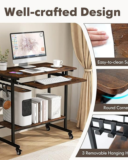 Tangkula Rolling Computer Desk Cart with Keyboard Tray, Mobile Portable Laptop PC Desk with CPU Stand & 3 Hooks for Sofa & Bed, Industrial Small Desk on Wheels for Small Spaces, Home Office Desk