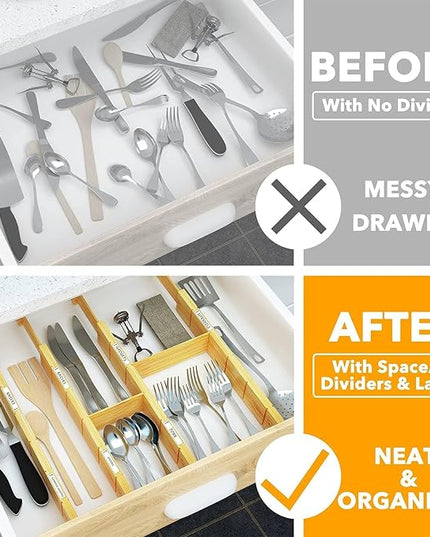 SpaceAid Bamboo Drawer Dividers with Inserts and Labels, Kitchen Adjustable Drawer Organizers, Expandable Organization for Home, Office, Dressers and Bathroom, 6 Dividers with 12 Inserts (17-22 in)