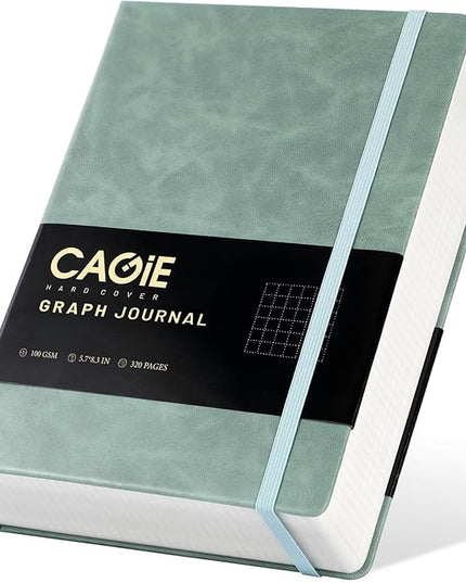 CAGIE Graph Paper Notebook- 320 Pages 100 GSM Graphing Grid Journal A5 Hardcover Leather Quad Ruled Notebooks for Engineering, Math, Work, Green