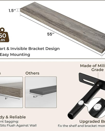 RICHFOCUS 55Inch Floating Shelves for Wall 2 Pack Shelves for Bedroom|Kitchen|Bathroom Wall Mounted Rustic Wood Floating Shelf with Invisible Brackets for Books|Storage|Decor, Grey