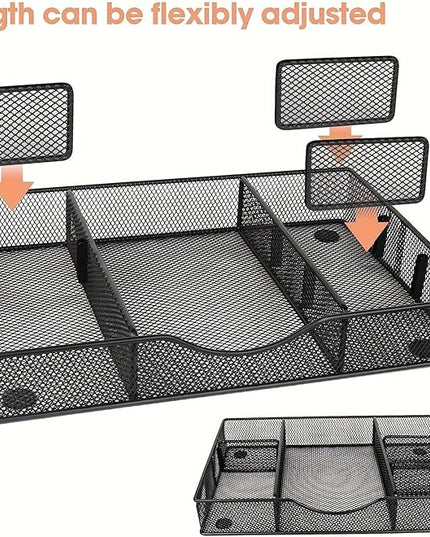 Desk Drawer Organizer Tray, Metal Mesh Drawer Organizers Office, 6 Adjustable Compartment, Desk Organizer Tray for Home Office 12.87L x 8.73D x 1.96H inch, Black, 1PC Medium