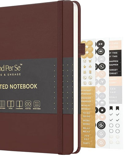 &And Per Se Dotted Journal Notebook, A5 Hardcover Leather Bullet Dotted Journal, 160 Pages 100 gsm Thick Paper, 3 Sheets of Stickers Included- 5.7'' x 8''（Chocolate）