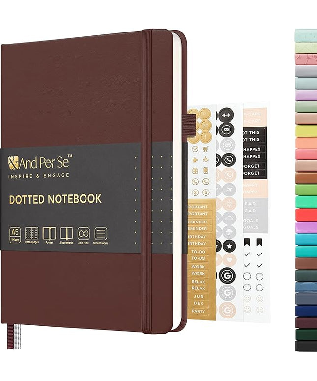 &And Per Se Dotted Journal Notebook, A5 Hardcover Leather Bullet Dotted Journal, 160 Pages 100 gsm Thick Paper, 3 Sheets of Stickers Included- 5.7'' x 8''（Chocolate）