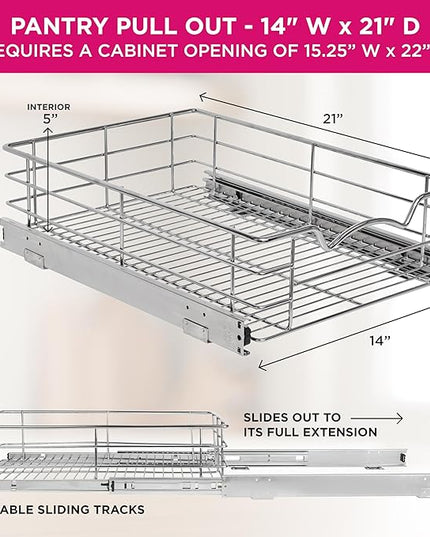HOLDN’ STORAGE Heavy-Duty Premium Collection Pull Out Cabinet Organizer, Cabinet Drawer Slide Outs, Lifetime Limited Warranty - Basket Size 14" W x 21" D x 5" H, Anti-Rust Chrome Finish | Heavy-Duty, Premium Collection, Slide Out Caddy, Anti-Rust