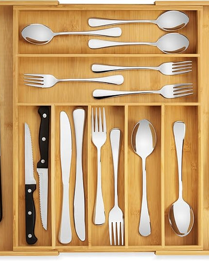 Purawood Bamboo Drawer Organizer - Expandable Silverware Organizer & Utensil Drawer Organizer, Cutlery Tray with Dividers, 7-9 Slots- Kitchen Organizer for Utensils & Flatware (Natural)