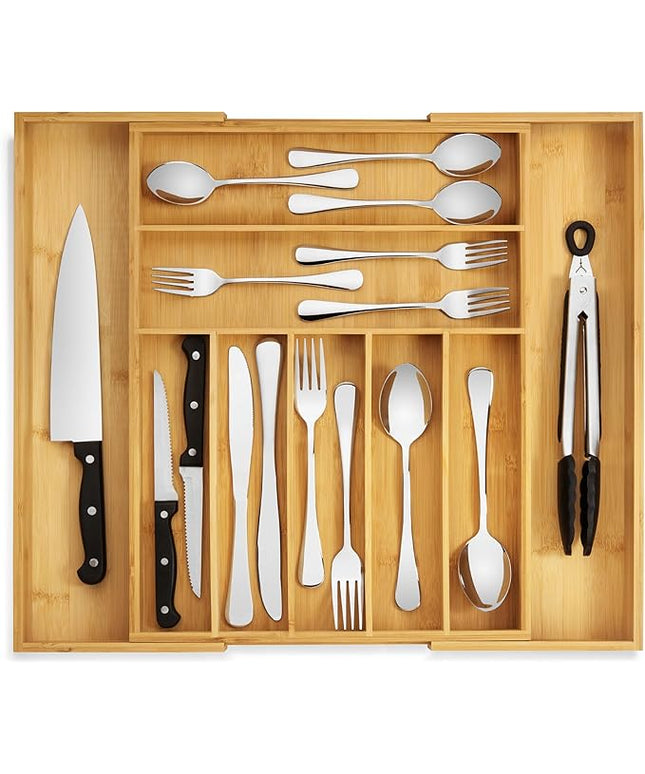 Purawood Bamboo Drawer Organizer - Expandable Silverware Organizer & Utensil Drawer Organizer, Cutlery Tray with Dividers, 7-9 Slots- Kitchen Organizer for Utensils & Flatware (Natural)