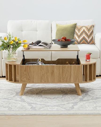 Janmer Home Small Lift Top Coffee Table with Storage, 47.3" Mid Century Modern Curved Coffee Table, Oval Center Table with Lift Tabletop for Living Room, Office (Natural)