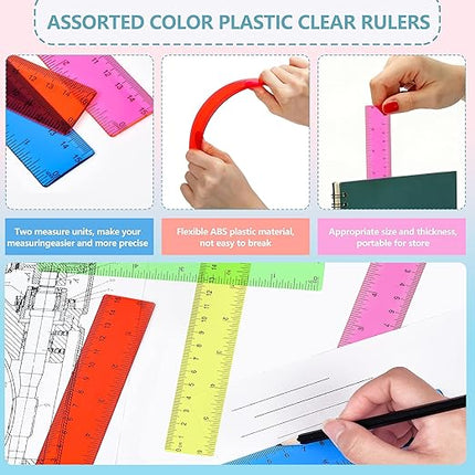 30Pcs 6 Inch Rulers with Inches and Centimeters in Bulk，Plastic Ruler in Assorted Colors, Clear Ruler, Transparent Rulers Bulk for Students Back to School Office Supplies(30Pcs)