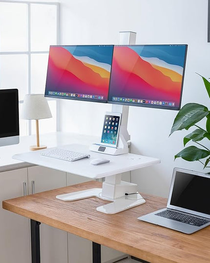 Mount-It! Electric Standing Desk Converter, Motorized Sit Stand Desk Riser with Dual Monitor Mounts, Adjustable Height Ergonomic Workstation with 28” Wide Platform and Tablet/Phone Slot, White
