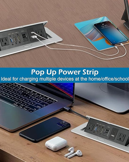 Table Pop up Power Strip Box Desktop Pop Up Outlet Recessed Multimedia Strip Socket Conference Table Power Hub Hidden Table Connection Box with Outlet Network HDMI for Office Desk (Sliver-D)