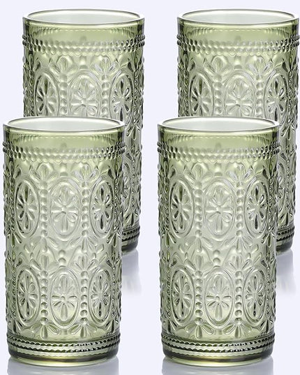 Green Drinking Glasses Set of 4, Vintage Drinking Glasses, Colored Glassware Drinking, Highball Beverage Glasses Cup, Vintage Glassware Set for Water, Juice, Cocktail, Coffee