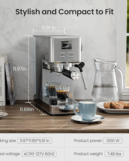 Kismile Espresso Machines with Milk Frother, Professional Espresso Coffee Machines with Removable Water Tank, Cappuccino & Latte Machine with Steam Frother for Home(Stainless Steel)