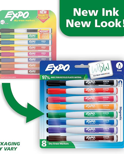 Expo Magnetic Dry Erase Markers with Eraser, Fine Tip, Assorted, 8 Count