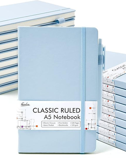 feela 18 Pack Journal Notebook for Work, Business Notebook Bulk Hardcover Lined Writing Journal with Pen Holder for Men Women Note Taking, with 18 Black Pens, 120 GSM, 5.1”x8.3”, A5, Light Blue