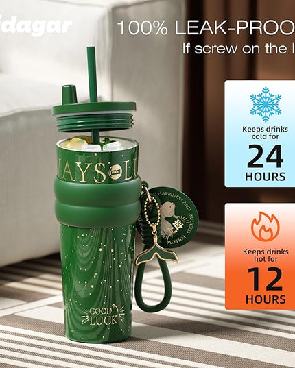 24 oz Tumbler with Lid and Straw, Insulated Coffee Mug Leak Proof, Portable Iced Travel Water Bottle, Reusable Thermal Coffee Cup, Gifts for Women, Emerald Green
