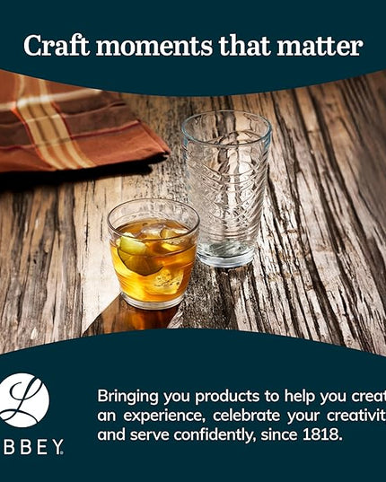 Libbey Orbita Rocks and Tumbler Drinking Glasses Set of 16, Durable Glass Cups Set with Wave Pattern, Glassware Drinking Glasses for Any Occasion