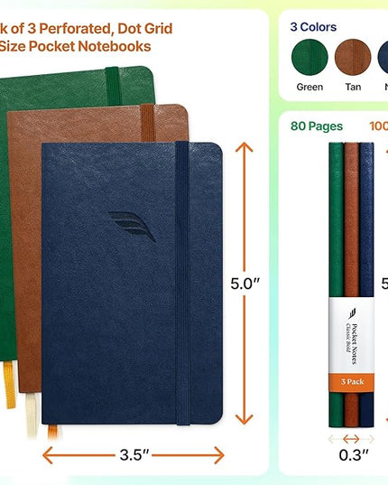 Roterunner A6 Pocket Notebook (Bold Classic) 3 Pack 3.5x5.5 Dotted Mini Notebook Journal 100Gsm Perforated Paper, Work Gym Travel Journal Notebook, Leather Small Notebook Numbered with Notes Index