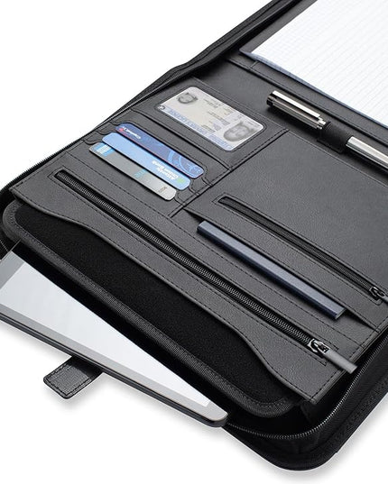 Forevermore Portfolios Padfolio Binder - Professional Faux Leather Travel Organizer Pouch for Tablet, Documents, Presentation Folders, Zipper Closure, Notepad - Black