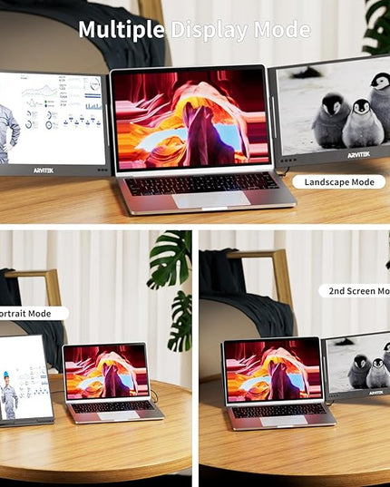 Arvitek 15.6 Inch Triple Monitor for Laptop, 1080P USB-C Portable Screen Extender w/Adjustable Stand for 11"-16" Laptop(Mac, Windows, Android)
