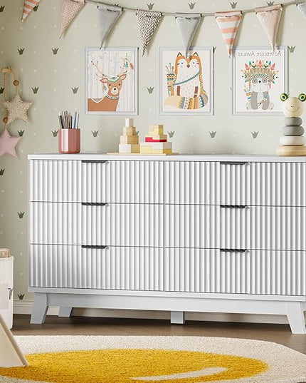BORNOON 53" Long Dresser for Bedroom, 6-Drawer Dresser with Fluted Fronts, Wide Wood Chest of Drawers, Smooth Metal Slides, Stable Base, Modern Clothes Storage Cabinet for Living Room, Hallway