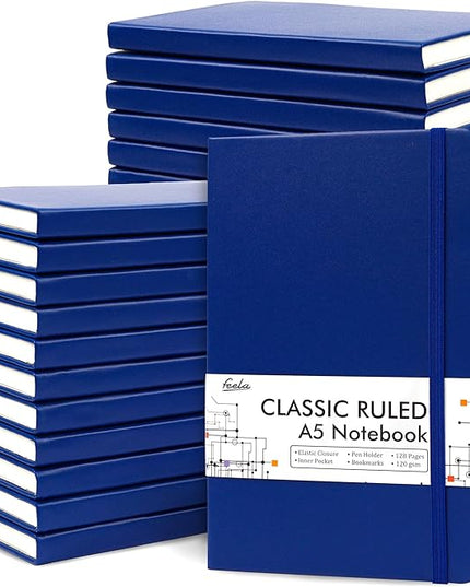 feela 24 Pack Journal Notebook for Work, Business Notebook Bulk Hardcover Lined Writing Journal with Pen Holder for Men Women Note Taking, with 24 Black Pens, 120 GSM, 5.1”x8.3”, A5, Navy